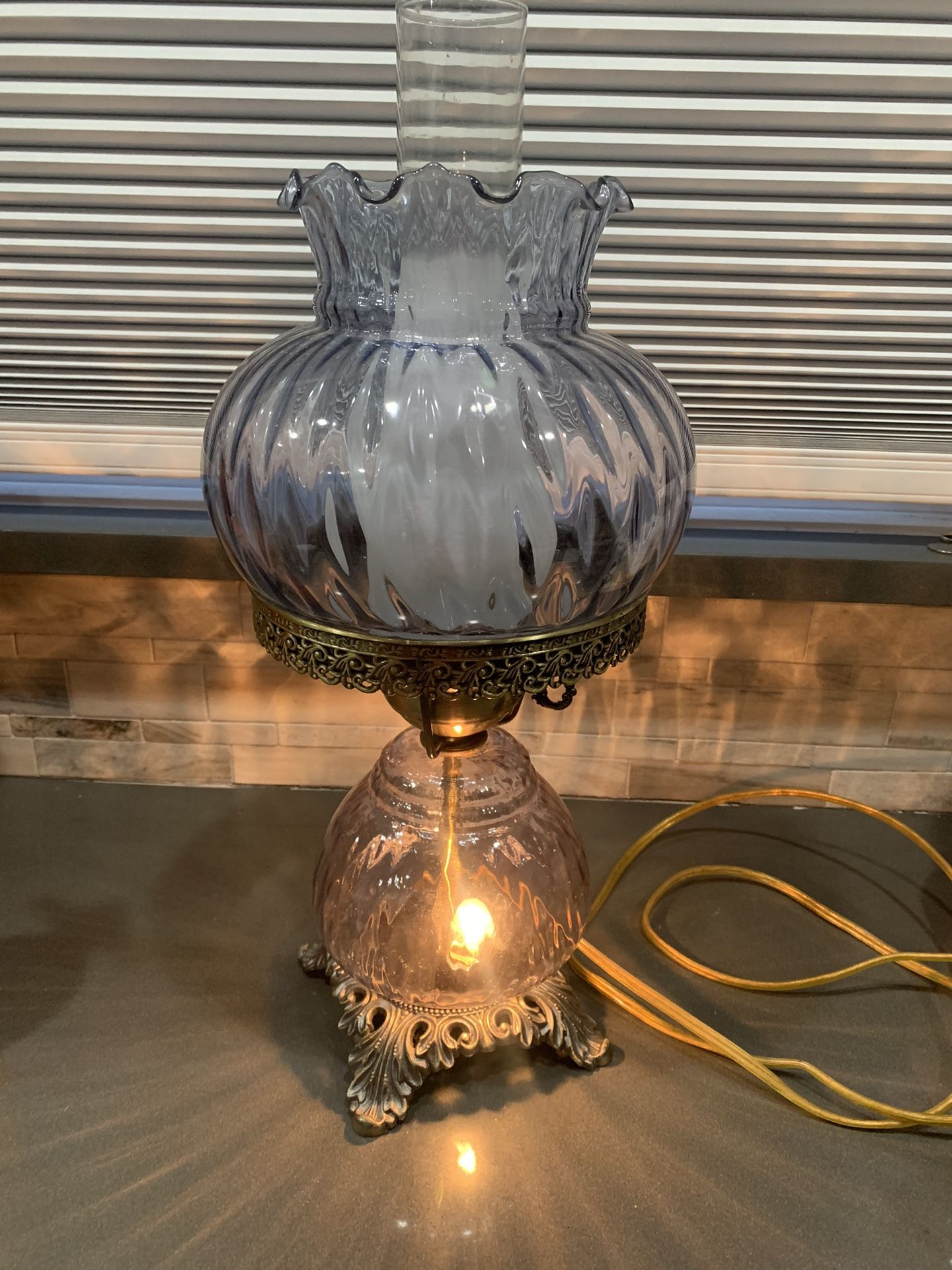 Light Blue Hurricane Lamp. 2 Way Switch.