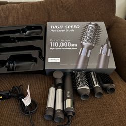 6 in 1 Professional Hot Air Hair Dryer Brush, 110,000 RPM High Speed ​​Negative Ionic Hair Dryer, Frizz-Free Auto-Wrap Curling Iron, Blow Dryer Brush