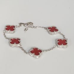 Elegant Silver Red Floral Charms Bracelet 7.5"