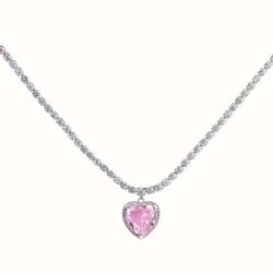 Pink Rhinestone heart necklace. Silver tone necklace. birthday, Women's necklace. Cadena