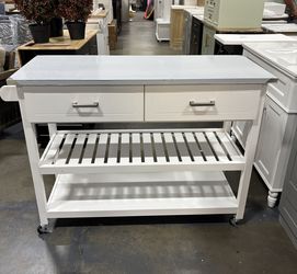 New Assembled. Kitchen Island Cart with Stainless Steel Top - Rolling Storage Cart with Two Drawers & Open Shelves