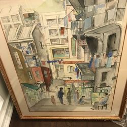 Water Color Cityscape Signed Hong Kong 1953 Francis Roosevelt