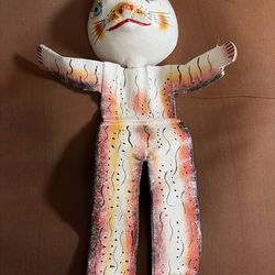 Vintage Hand Painted Coconut Shell Cat Wall Hanging Mexican Folk Art Doll 14in