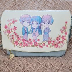Fruits Basket Anime Messenger Bag Faux Leather White Blue Pink Inside Pockets