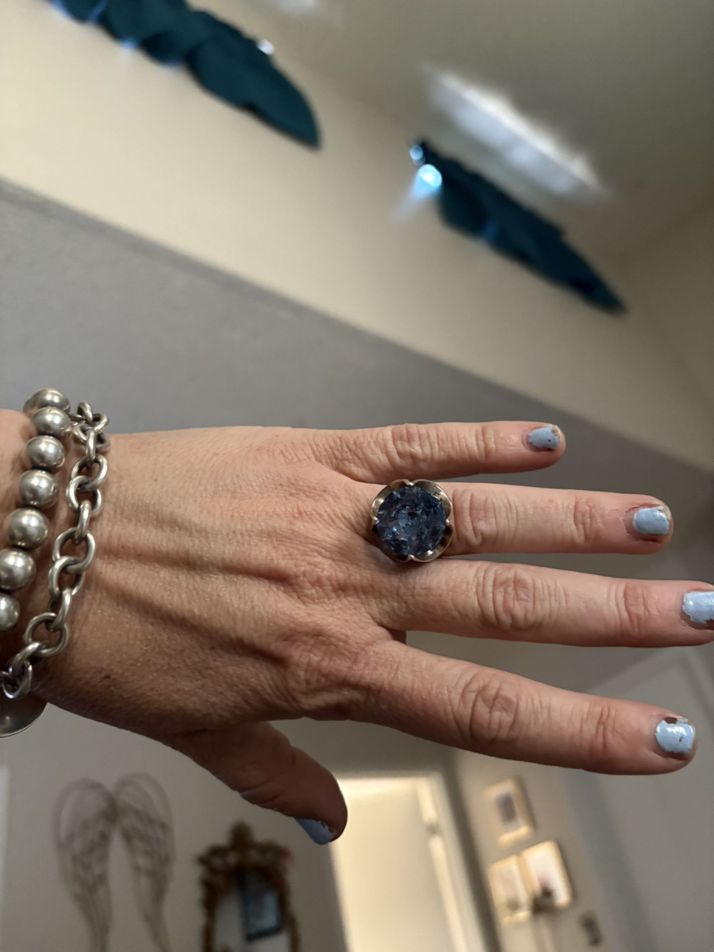 Large 5 Carat Blue Topaz Vintage Sterling Silver Art Deco Ring