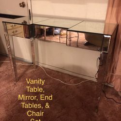 Vintage Mid-Century Mirrored Vanity, Mirror, End Tables & Chair Set (Restoration Project)