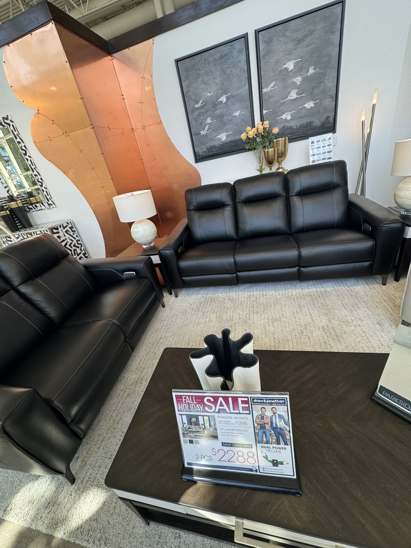 Brand New Modern Black Sofa And Loveseat With One Side Table And Side Light