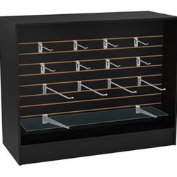 48” W ×20” D × 38” H - Ledge top Checkout Counter with Slatwall Display Front, Black Wooden Slat Wall Cash Register Stand,Retail Counter Display