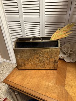 Vintage Brass & Wooden Magazine Holder * Records * Files