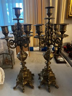 Pair of Ornate Brass Candelabras