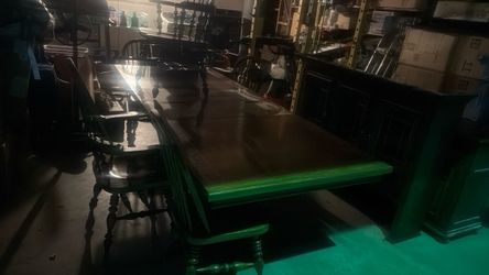 Wood table  8 wooden chairs and china  in good condition