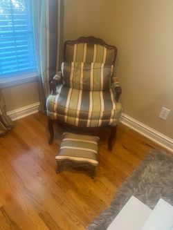 Traditional Upholstered Accent Chair with Ottoman – Brown/Green Stripe – Excellent Condition