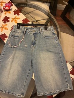 Light Wash Denim Shorts with Pearl Chain