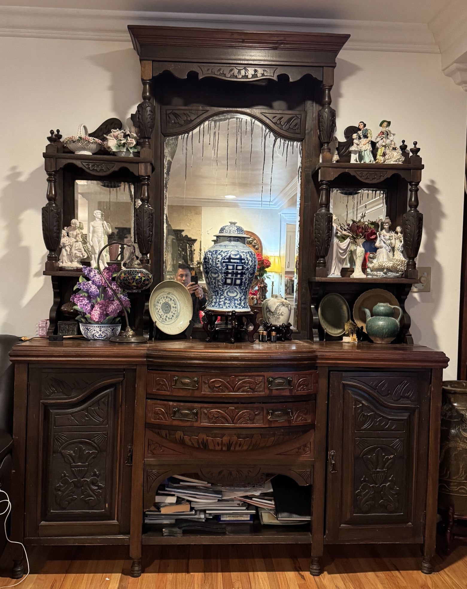 Antique Carved Sideboard with Mirror Display