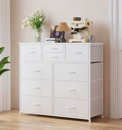 LUMTOK 10-Drawer Dresser, Fabric Storage Dressers Drawers, Steel Frame, Wood, Easy Pull Handle White