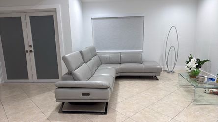 Gray Leather Sectional Sofa with Chaise
