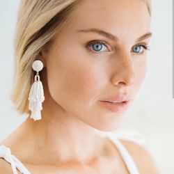 PANACEA White Beaded Tassel Earrings With Metallic Gold Accents Post Backings