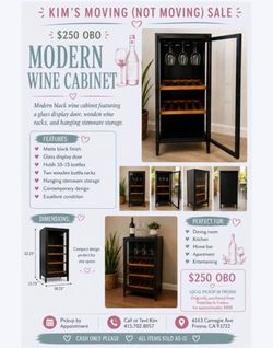 Modern Black Wine Cabinet w/ Glass Door & Stemware Storage – $250 OBO