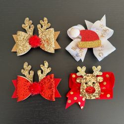 Christmas Hair Bow Alligator Clip Barrette Holiday Reindeer Santa Glitter 4pc