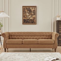 3 Seater Leatheraire Sofa for Living Room, 84" Chesterfield Sofa Cushion Upholstered Button Tufted Back Couch with Nailhead Accent Scrolled Armrest, C
