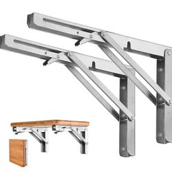 Folding Shelf Brackets - 16 Inch Heavy Duty Stainless Steel Collapsible Shelf Bracket for Bench Table, Space Saving DIY Bracket, Max Load: 200lb (2 PC