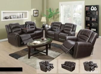Brand New Brown Leather 3pc Reclining Set W/ Nail Head Trim,Built In Cup Holders , Storage Compartment & Drop Down Table