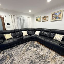 Power reclining leather L-shaped sectional sofa