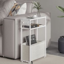 White Side Table with Charging Station, Slim End Tables with Linen Basket, Skinny Table for Small Spaces, Thin Bedside Table for Living Room, Bedroom