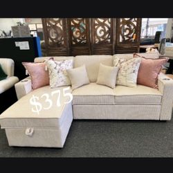 2-pc Sectional Sofa Pull-out Bed & Storage Ivory Corduroy Brand New