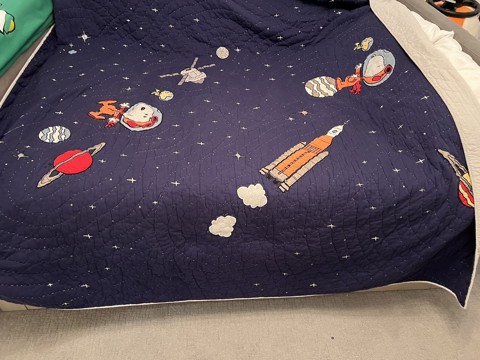 Pottery Barn Kids Snoopy Space Quilt And Pillow Sham Navy Set