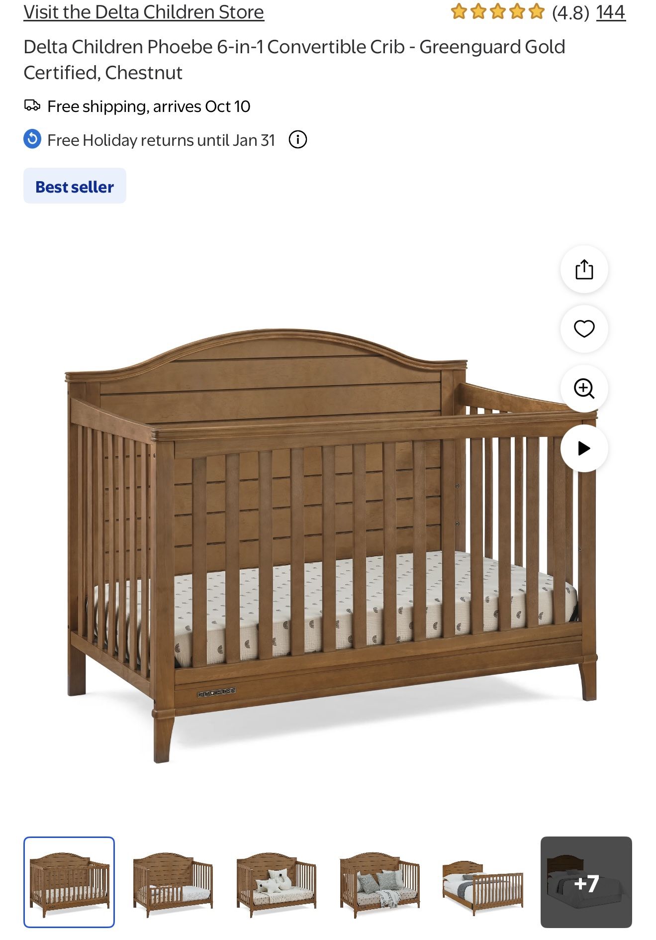 Delta Children Phoebe 6 in 1 Convertible Crib Greenguard Gold Certified Chestnut