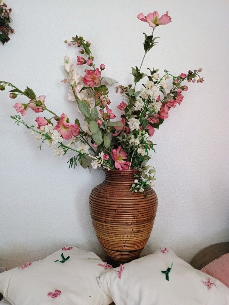 Silk Flowers With Rattan Vase