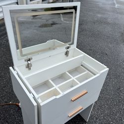 Modern Small White Girl’s Kid’s Room Light Up Vanity Mirror Storage Cabinet Desk!  With side table down 25x16x32in Up 33.5x16x32in