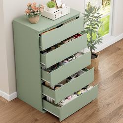 5 Drawer Dresser Tall Dresser with Large Storage Space, Modern Chest of Drawers, 23.6L x 17.6W x 39.1H Inch Storage Organizer Cabinet for Home, Green