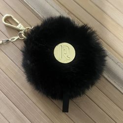 Paco Rabanne Logo Fame Couture Compact Mirror Black Fur With Goldtone Keychain