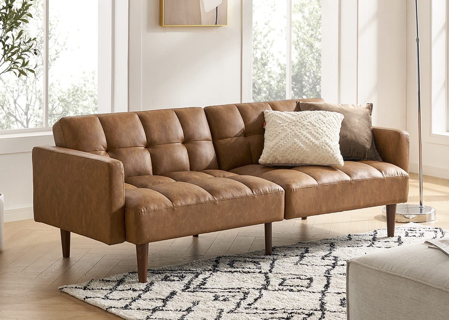 mopio Aaron 76.8" Couch, Small Futon Sofa Bed, Sleeper, Loveseat, Mid Century Modern Futon Couch, Sofa Cama, Couches for Living Room, Bedroom (Pecan B