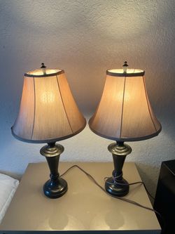 Pair of Bronze Table Lamps with Fabric Shades
