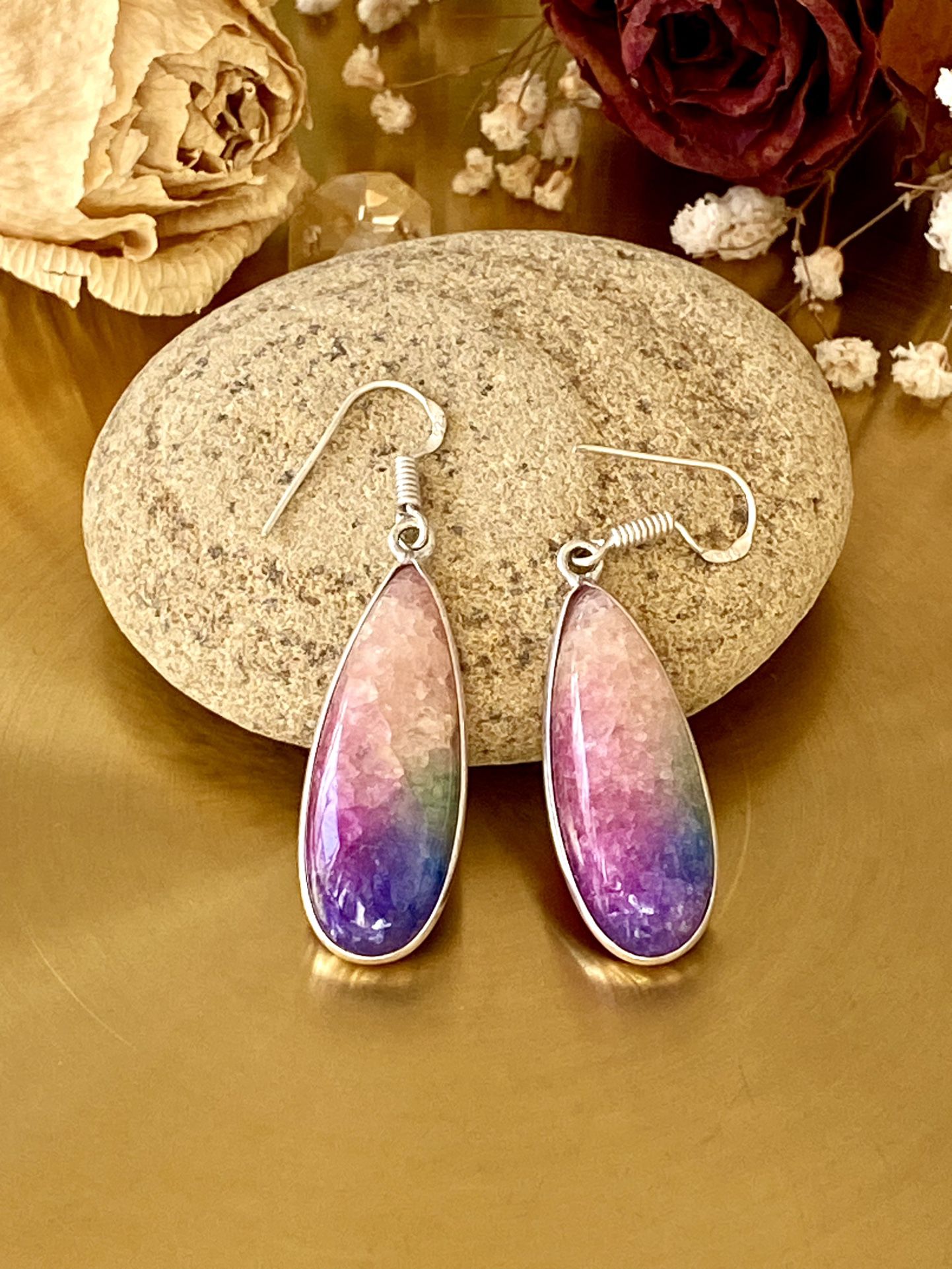 Rainbow Solar Quartz 925 Sterling Silver Overlay Handcrafted Earrings 