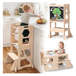  4-in-1 Toddler Kitchen Step Stool, Foldable Learning Standing Towe