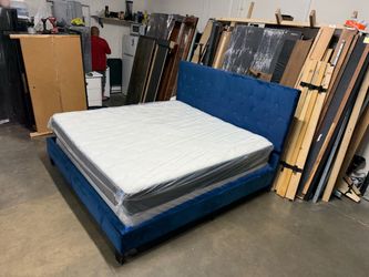 King Blue Velvet Upholstered Bed Frame with Mattress