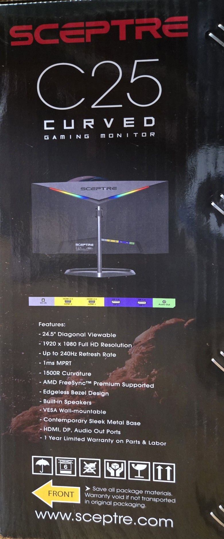 Sceptre 24.5 Inch C25 Curved Gaming Monitor 240hz 1920x1080 1ms Response Time