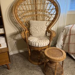 Vintage Very Large Peacock Chair With Cushion And Stool