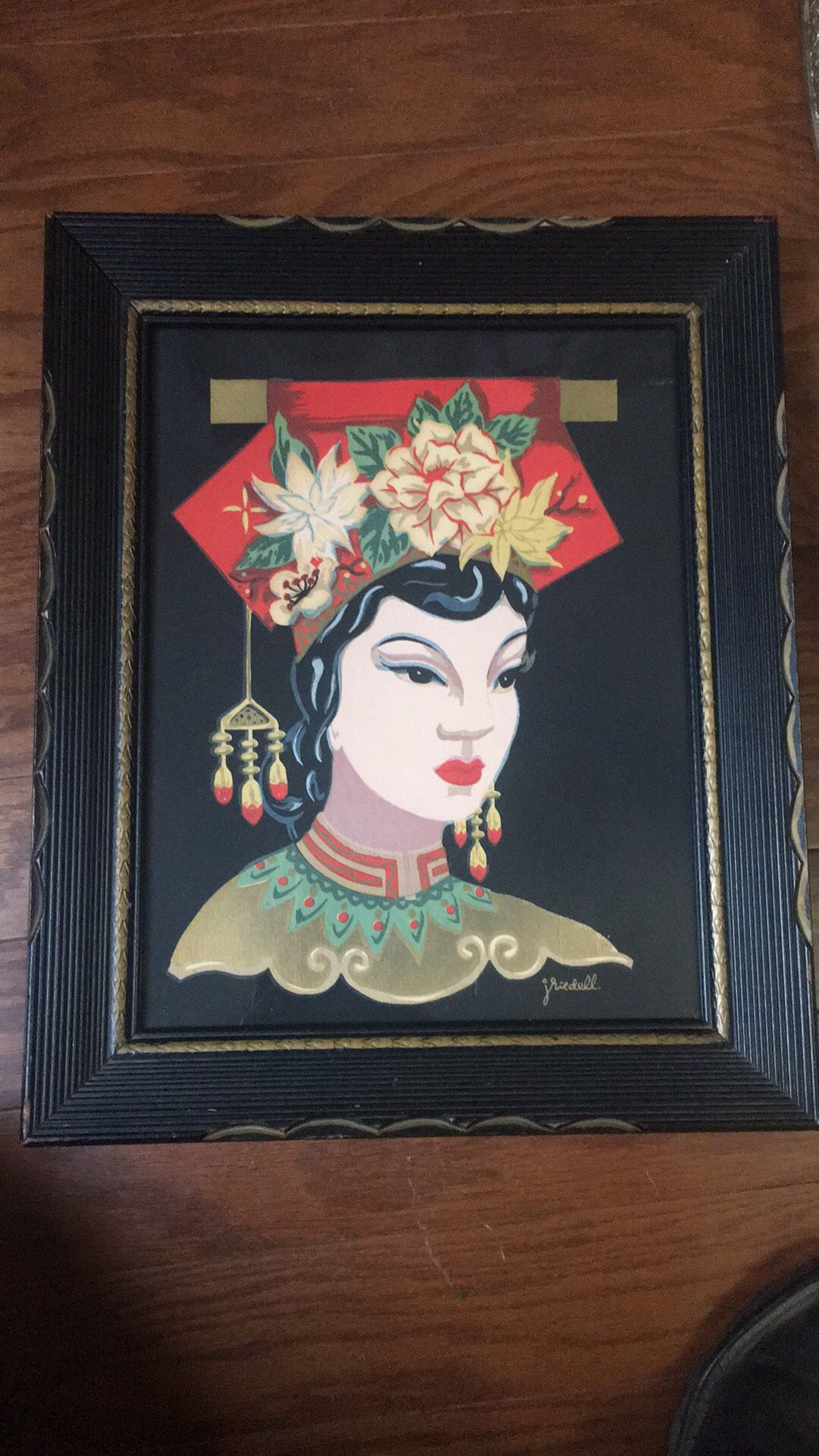 Original framed oriental vintage portrait painting