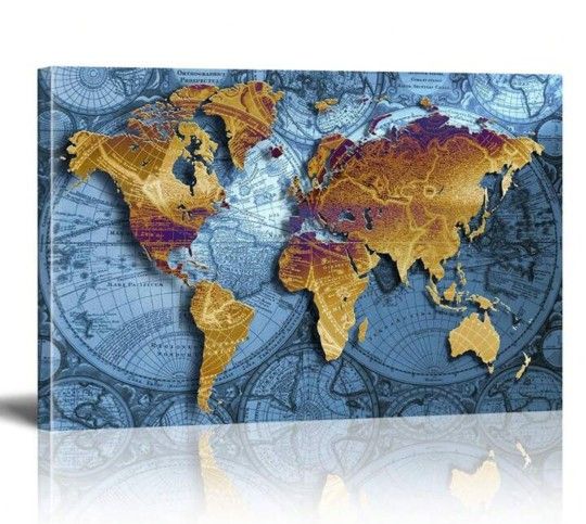 Artistic World Map Canvas Print - Vibrant Golden & Blue Design 35x24in