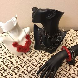 NWOT Stainless Steel Milor China Ring Chain Necklace, Charming Charlie Red Flower & Crystal Statement Necklace and EUC 3 Bracelets. Lot.