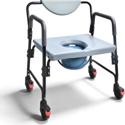 Bedside Commode - Rolling Shower Chair with Wheels - Portable Toilet for Elderly - Rear Locking Wheels 7-qt Commode Bucket Included, HDB-601A
