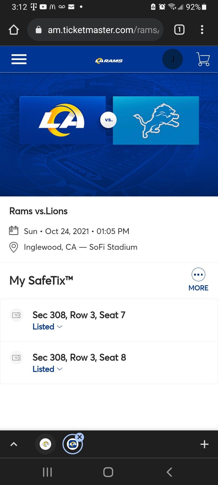 2 Available.  All Info Is In The Post. Rams Vs. Lions. 250.00