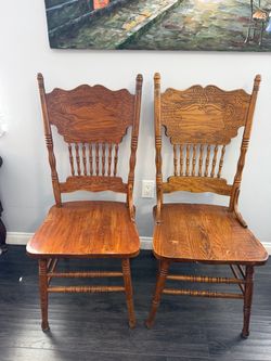 2 Vintage Country Style Pressed Back Solid Oak Dining Chairs