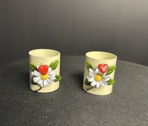 Vintage Mini Metal Daisy Heart Toothpick Holders (2) 