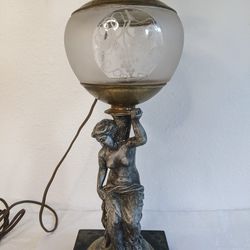 Antique Lamp w/Woman Figure, Grape Design Etched Glass 
